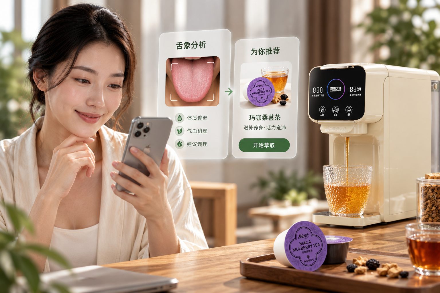 A woman photographs her tongue in the Aiteassic app; the AI recommends a tea capsule and the machine brews it into a glass.